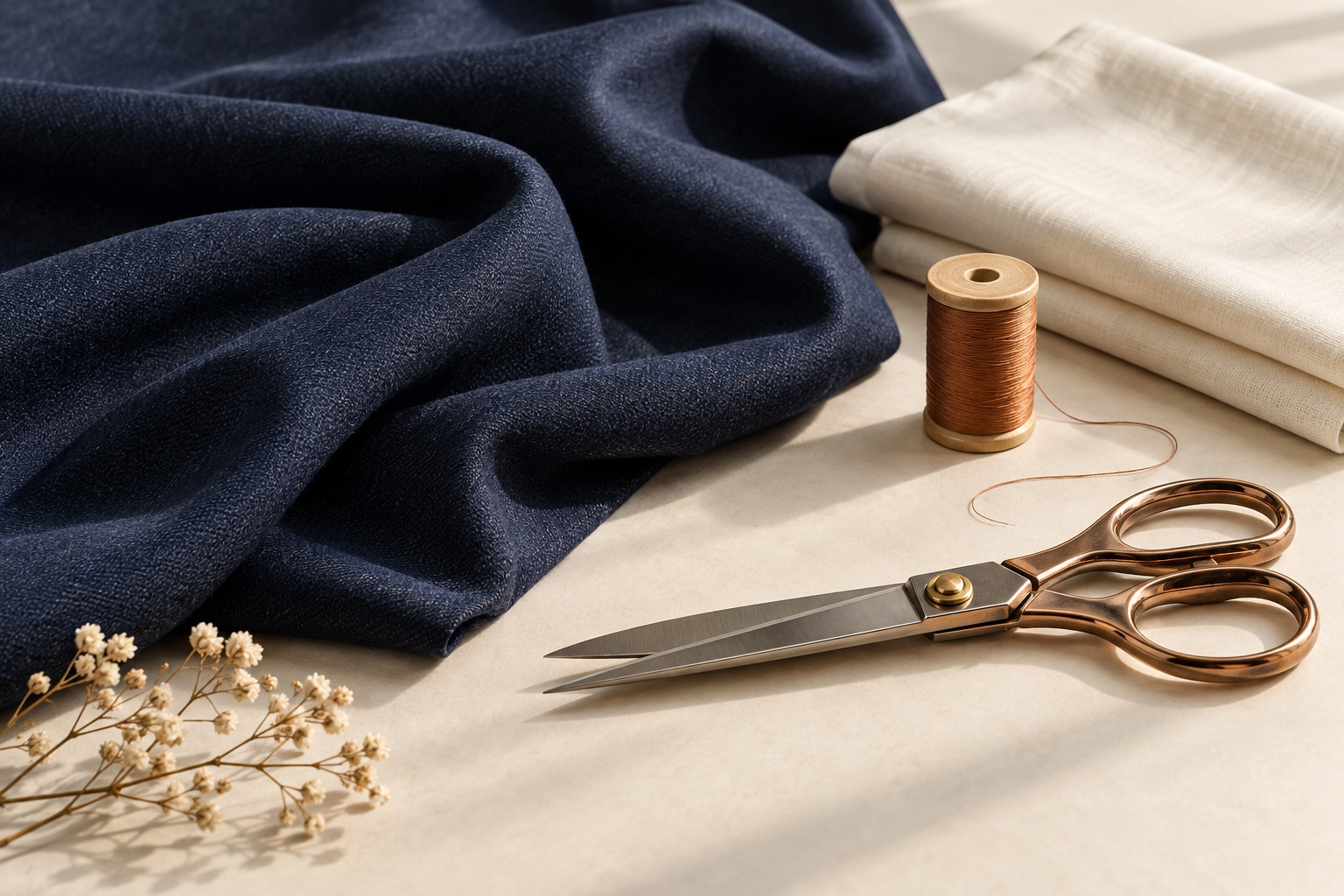 Illustrative navy and ivory fabrics, copper thread and tailoring scissors